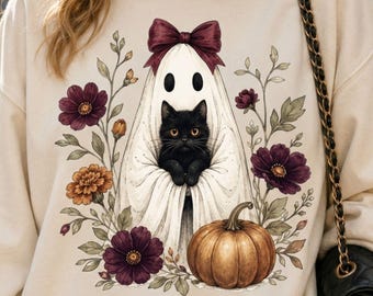 Ghost Cat Autumn Wreath PNG, Vintage Halloween Sublimation Design