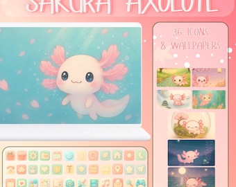Sakura Axolotl Desktop Organizer – Kawaii Icons and Pastel Wallpapers for Mac & Windows (Digital Download)