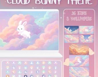 Cloud Bunny Desktop Icons & Wallpaper Organizer Set, Pastel Theme