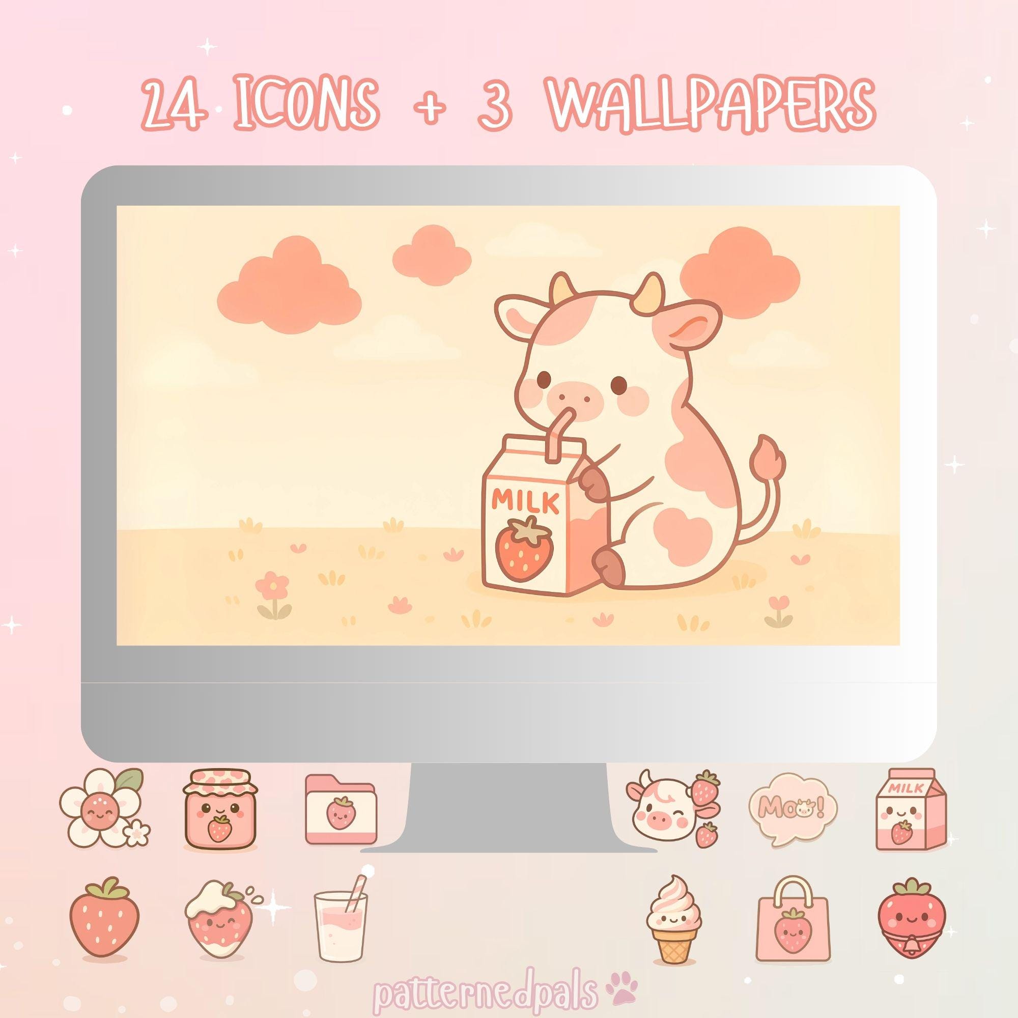 Desktop Wallpaper Organizer Set Featuring Kawaii Strawberry Cow