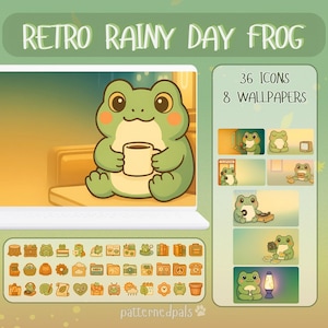 May include: A digital art design featuring a green frog holding a mug, with the text "Retro Rainy Day Frog." The design includes 36 icons and 8 wallpapers. The frog is depicted in a cartoon style, with a warm color palette.