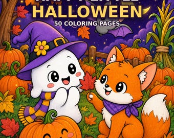 Halloween Coloring Pages for Kids, 50-Page Kawaii Printable Coloring Book, US Letter and A4