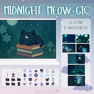 May include: A digital art design featuring a black cat with a crescent moon on its forehead, sleeping on a stack of books. The design includes 36 icons and 8 wallpapers, with a whimsical, magical theme. The text "Midnight Meow-gic" is at the top.