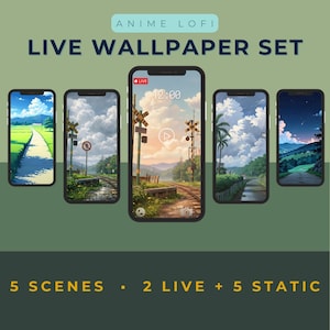 May include: A set of five smartphones displaying anime-style landscape wallpapers. The screens show scenes of roads, railways, and nature, with text that reads "ANIME LOFI LIVE WALLPAPER SET". The bottom of the image reads "5 SCENES • 2 LIVE + 5 STATIC".