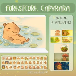 Forestcore Capybara Desktop Organizer – Cozy Wallpapers & Cute Kawaii Icons (Digital Download)
