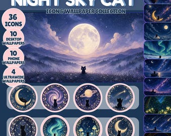 Night Sky Cat Wallpaper Bundle – 24 Dreamy Cat Wallpapers and 36 Desktop Icons for Mac & Windows