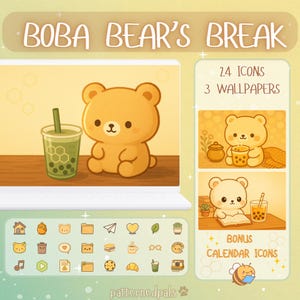 以下が含まれることがあります： 「BOBA BEAR'S BREAK」のテキストが入った、ボバドリンクを持つ漫画のクマのデジタルイラスト。壁紙とカレンダーアイコンのアイコンが含まれています。クマは薄茶色で、ボバドリンクは緑色です。