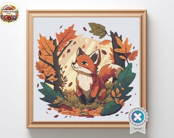 May include: A cross stitch pattern featuring a cute orange fox sitting in a woodland setting with autumn leaves. The fox is surrounded by green leaves and brown branches.