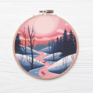 Winter landscape - Cross Stitch Pattern PDF, winter cross stitch, Christmas cross stitch, holiday Christmas wreath cross stitch chart