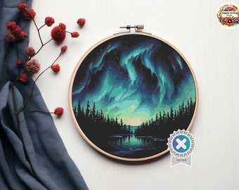 Northern Lights Landscape - Counted Digital Cross Stitch Northern Lights Landscape - Counted Digital Cross Stitch