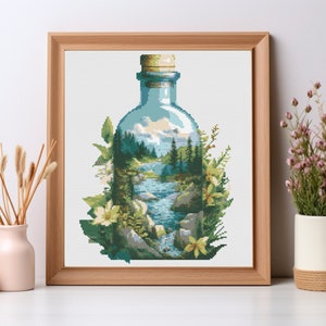 River inside the bottle - Landscape Modern Cross Stitch Pattern PDF, counted cross stitch, nature cross stitch, ocean embroidery