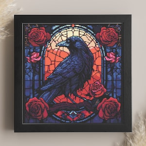 Stained glass raven - Digital Cross Stitch Pattern, Halloween embroidery, raven cross stitch, witchy cross stitch, gothic cross stitch