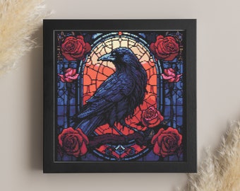 Stained Glass Raven Cross Stitch Pattern: Gothic Halloween Embroidery (Digital Download)
