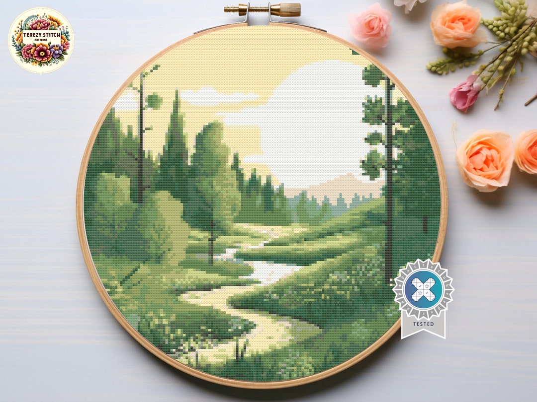Scenic Forest Landscape Cross Stitch Pattern: Summer Nature Embroidery ...