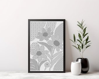 Blackwork Flowers Cross Stitch Pattern: Geometric Floral Embroidery (PDF Pattern)