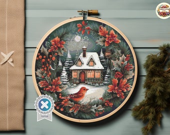 Christmas Cottage Cross Stitch Pattern: Winter Holiday Wreath (PDF Pattern)