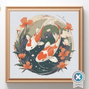 Koi fish Cross Stitch Pattern PDF, floral cross stitch, counted cross stitch pdf, fish cross stitch, embroidery trendy, koi fish decor