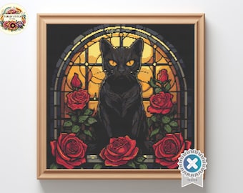 Stained glass cat Cross Stitch Pattern, Halloween embroidery, cat cross stitch, witchy cross stitch, gothic cross stitch