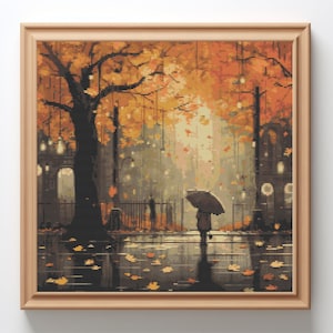 May include: A framed pixel art print depicts a rainy autumn scene. A person with an umbrella walks along a wet street, surrounded by fallen leaves. The trees are filled with orange and yellow leaves, and streetlights illuminate the scene.