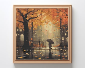 Rainy Autumn Street Cross Stitch Pattern: Cozy Fall Embroidery (PDF Pattern)