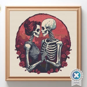 Skeleton Lovers Cross Stitch Pattern Digital PDF, Halloween embroidery designs, witchy cross stitch, gothic cross stitch, vintage embroidery