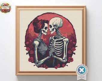 Skelett Liebhaber Kreuzstich-Muster: Gothic Halloween Stickdatei (Digitales PDF)
