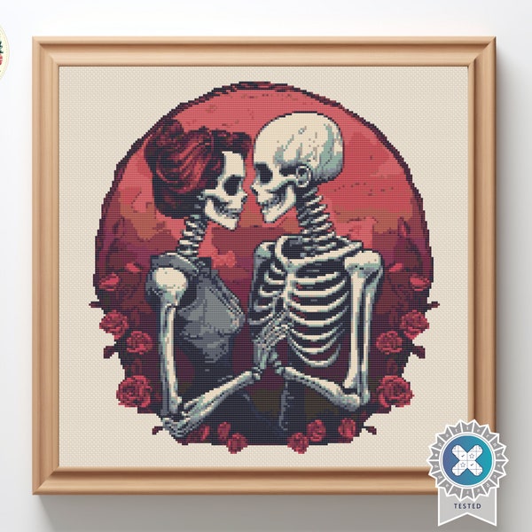 Skeleton Lovers Cross Stitch Pattern: Gothic Halloween Embroidery (Digital PDF)