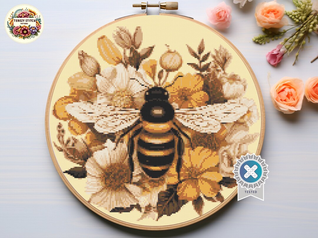 Floral Bee Cross Stitch Pattern: Modern Insect Embroidery (digital PDF ...