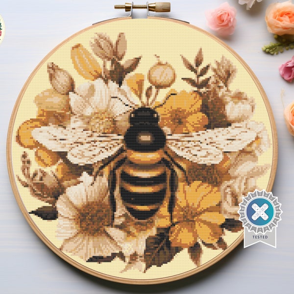 Floral bee pattern - Digital Cross Stitch Pattern PDF, bee cross stitch, floral cross stitch, insects cross stitch, embroidery trendy