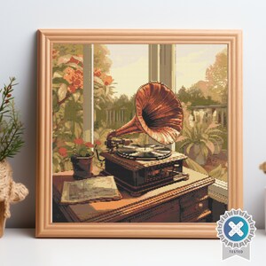 Vintage gramophone - cross stitch pattern PDF, vintage cross stitch, embroidery design trendy, floral cross stitch, retro cross stitch