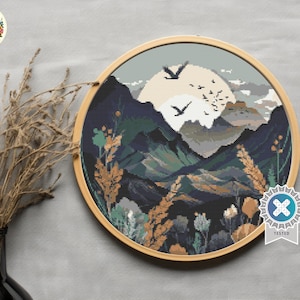 Wild mountains - Counted Digital Cross Stitch Pattern PDF, nature embroidery, round forest cross stitch, mountains cross stitch