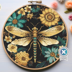 Golden Dragonfly - Digital Cross Stitch Pattern PDF, insects cross stitch, floral cross stitch, witchy cross stitch, embroidery trendy