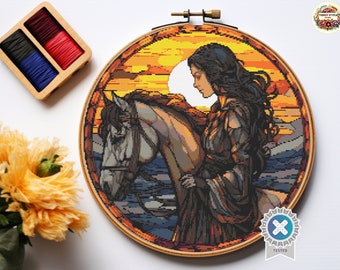 Girl with Horse Cross Stitch Pattern: Medieval Stained Glass Embroidery (Digital Download)