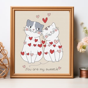 Sweetie Cats - Digitaal kruissteekpatroon, Valentijn kruissteek, kleine borduurontwerpen, schattige katten kruissteek, liefde kruissteek