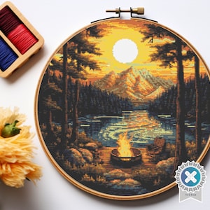 Camping time - Digital Cross Stitch Pattern PDF, nature embroidery, forest cross stitch, mountains cross stitch, camping cross stitch