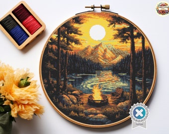 Camping at Sunset Cross Stitch Pattern: Mountain Landscape (PDF Pattern)