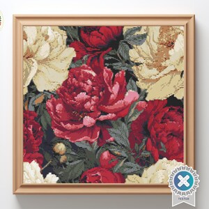 Red and white peonies - Digital Cross Stitch Pattern PDF, flowers cross stitch, floral cross stitch, pastel cross stitch, embroidery trendy