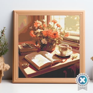 Books and flowers Counted Digital Cross Stitch Pattern PDF, floral cross stitch, books embroidery, book cross stitch, bookish cross stitch