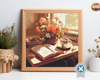 Books and Flowers Cross Stitch Pattern: Floral Embroidery (PDF Pattern)