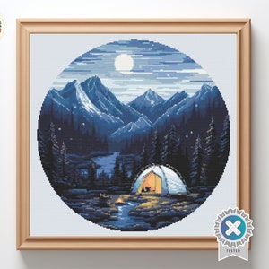 Camping time - Digital Cross Stitch Pattern PDF, nature embroidery, forest cross stitch, mountains cross stitch, camping cross stitch
