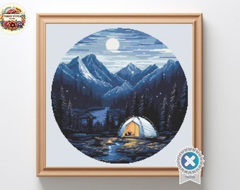 Camping bei Nacht Kreuzstichmuster: Berglandschaft (PDF-Muster)