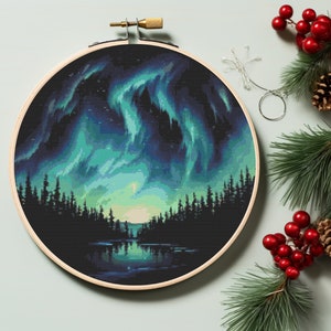 Northern lights landscape - Counted Digital Cross Stitch Pattern PDF, nature embroidery, forest cross stitch, mountains cross stitch