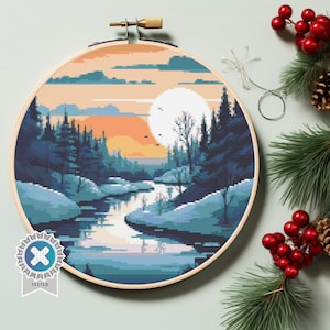Winterlandschaft - Modernes Kreuzstichmuster, Winterkreuzstich, gezählte Kreuzstichkarte, digitale Stickmuster, PDF