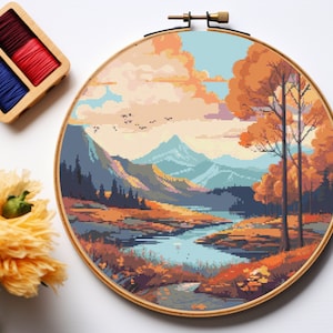 Fall landscape - Counted Digital Cross Stitch Pattern PDF, fall cross stitch, autumn cross stitch, nature cross stitch, mountains stitch