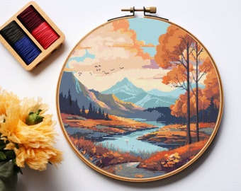 Fall landscape - Counted Digital Cross Stitch Pattern PDF, fall cross stitch, autumn cross stitch, nature cross stitch, mountains stitch
