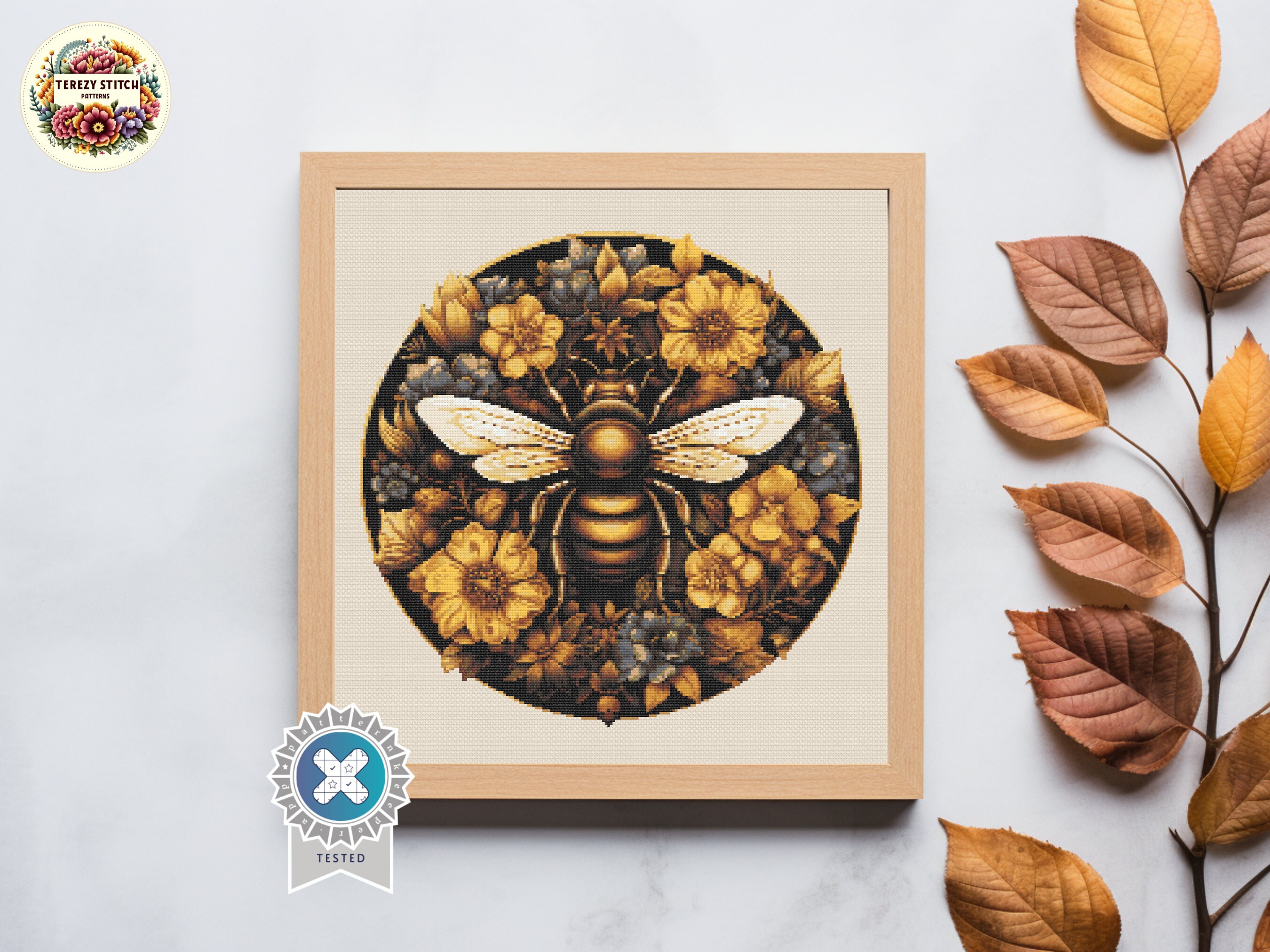 花柄ミツバチのクロスステッチパターン：昆虫刺繍（PDFパターン