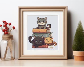 Kittens and Books Cross Stitch Pattern: Cat Lover Gift (PDF Download)