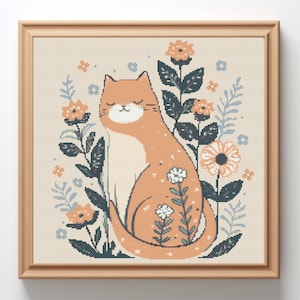 Floral cat - Digital Cross Stitch Pattern, Halloween embroidery designs, floral cat cross stitch, cat cross stitch, flower cross stitch