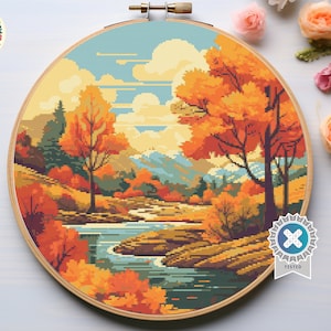 Fall landscape - Counted Digital Cross Stitch Pattern PDF. fall cross stitch, autumn cross stitch, nature cross stitch, forest cross stitch