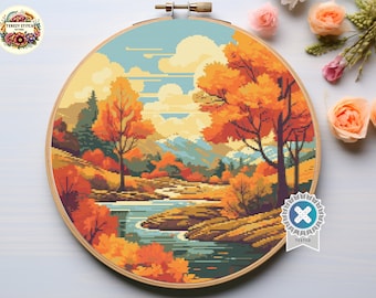 Fall landscape - Counted Digital Cross Stitch Pattern PDF. fall cross stitch, autumn cross stitch, nature cross stitch, forest cross stitch